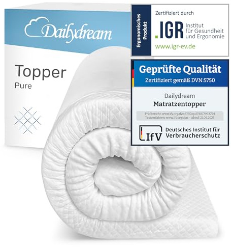 Dailydream Matratzen Topper 160x190cm | Memory Foam | 5cm hoch | Edition Pure, Model M | Zertifiziert & ergonomisch für unbequeme Matratze, Boxspringbett & Gästebett | Mattress Topper 160x190