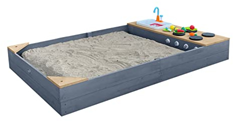 AXI Kelly bac à Sable en Bois avec Banc et Jeux de Cuisine avec évier | 180 x 115 cm | Bac à Sable pour Enfants en Gris Claire et Brun
