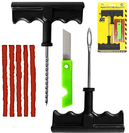 Reifenreparaturset | Inklusive 2 professionellen Werkzeugen, 5 Vulkanisierstreifen und 1 Messer | Reifendichtmittel Auto, Motorrad und Quad | Autoreifen Reparaturset | Reifen Reparaturset Kfz