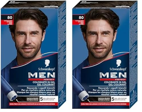 Schwarzkopf, Men Perfect, Tinta per Capelli, in Gel, Copertura dei Capelli Bianchi per Uomo, Risultato Effetto Naturale, Dura Fino a 28 Shampoo, Tonalità 80 Castano Nero Naturale (Confezione da 2)