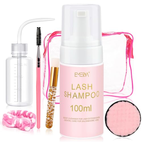 EMEDA 100ml/3.38oz Wimpernshampoo-Kit Wimpern Shampoo für Wimpern Extensions Wimpernbürste, Haarband, Flasche zum Spülen, Wimpern-Reinigungsset Ölfrei Schaumreiniger für Wimpern