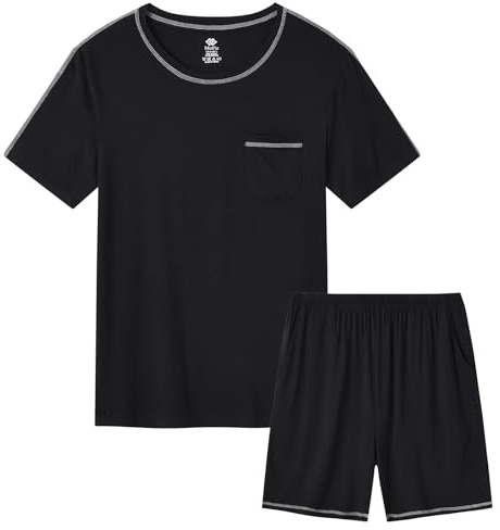 MoFiz Pigiami Uomo Estivo Morbido Pigiama Set da Notte Casa Due Pezzi Maglietta Manica Corta e Pantaloncini con Tasche Puro Nero EU 3XL