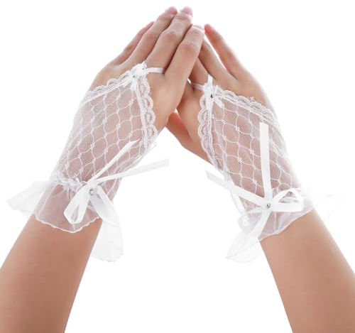Yolev Damen Fingerlose Handschuhe Kurze Schleife Hochzeit Netzhandschuhe Schwarz Weiß Elegantes Halloween Teeparty Abschlussball Cosplay Beerdigung MaskeradeSpitzenhandschuhe für Mädchen