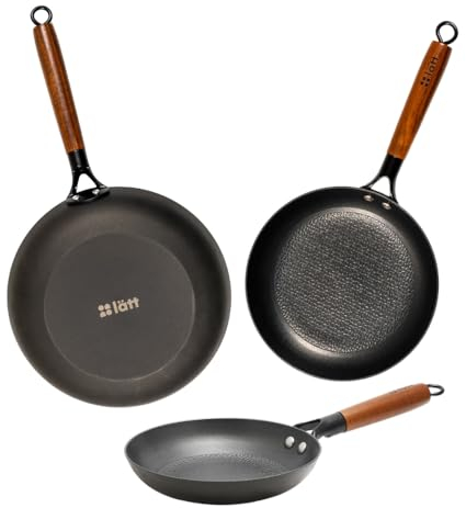 lätt Home Juego de Sartenes Hierro Fundido Antiadherente Aptas para Cocina de Induccion Gas Vitrocerámica Eléctrica Horno Lavavajillas - Mango Madera Acacia Removible - Set 3 Diametros 20-24 - 28 cm