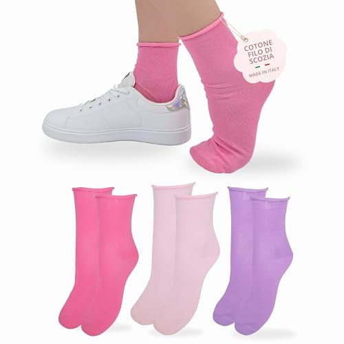 Chaussettes Femme Coton Sans Élastique 3 Paires Chaussettes Femme Courtes made in italy (FR/ES, Alpha/lettres, Taille unique, Taille normale, Taille normale, 520-3 paires ASS Pink)