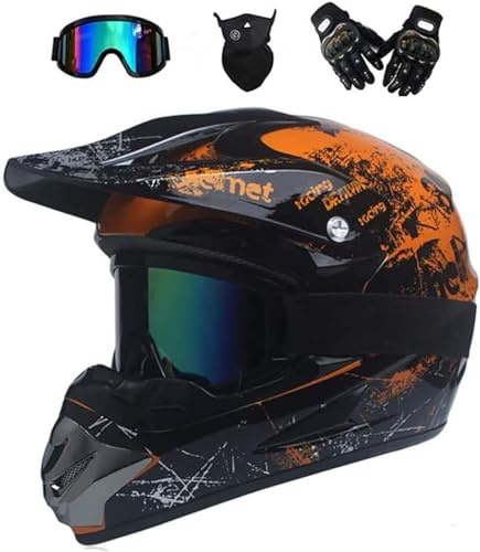 Casco integrale da moto per adulti, con guanti maschera occhiali, casco integrale per gioventù bambino, MTB Enduro Karting, casco da moto, unisex BMX da corsa Quad Dirt Bike Shock Casco(colore: Br
