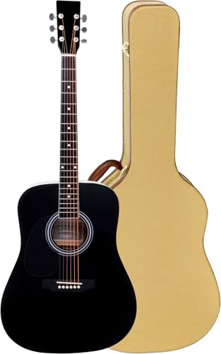 Classic Cantabile WS-10BK-LH Guitarra Western - Modelo Para Zurdos - Dreadnought - Cuerpo: Tilo - Diapasón: Arce, Mástil: Abedul - Acabado: Brillo Alto - Set Ahorro Incluye Estuche Ligero - Negro