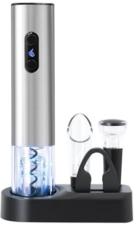 ELMWAY VinoLux Series Battery Electric Wine Opener Set by ELMWAY – Electric Corkscrew with Dual LED & Stainless Steel Shell, Base, Foil Cutter, Wine Pourer & Vacuum Stopper, 4 AA Required – Silver