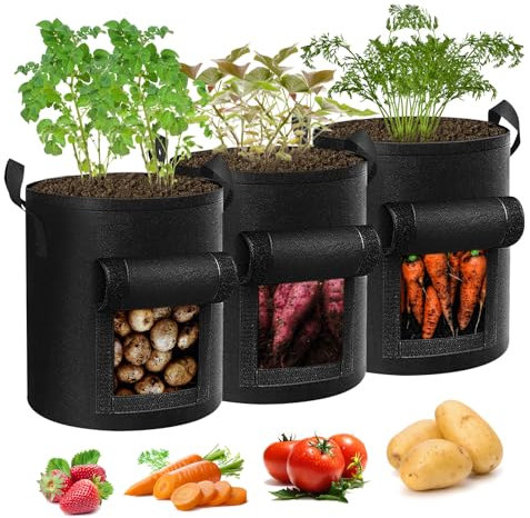 Haokelai Stofftopf, 3 Stück Kartoffel Pflanzsack 30L, 7 Gallonen Pflanzsäcke, Tomatentopf für Tomaten, Kartoffeln, Gemüse, Blumen
