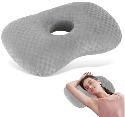Mapille Cuscino per Piercing, 44x32x8cm, Cuscino a Ciambella con Foro 10cm, Altezza di Riempimento Aumentata, Ergonomico Piercing Pillow per Alleviare Dolore Orecchio Chi Dorme Sul Fianco (Grigio)
