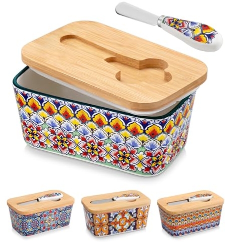 vancasso Mantequillera de Porcelana Bohemio, 16.5cm Plato de Mantequilla Hermética con Cuchillo y Tapa, Recipiente para Todo Tipo de Mantequilla, Apto para Lavavajillas, Floración Dorada