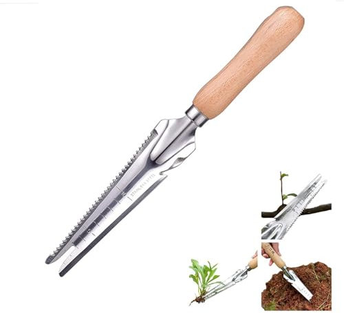 GIONAR Herramientas de deshierbe de jardín, herramienta manual de acero inoxidable, desbrozadora de jardín multiusos con mango de madera y medida para una fácil eliminación de malezas, trasplante y