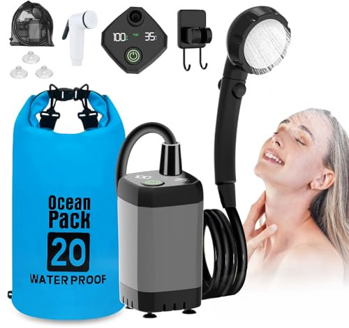 Tragbare Campingdusche, Camping Dusche Pumpe mit Wiederaufladbarem 6000mAh Akku und Temperaturanzeige,Multifunktionale Duschkopf und 2M Schlauch,20L Klappbarer Eimer, für Camping Reisen Wandern Garten