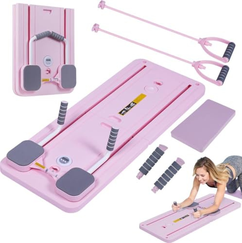 LIVHOME Compact Pilates Reformer Machine, Ab Roller Board, Core & Strength Workout Equipment with Timer, Collapsible Home Gym Pilates Kit for Total Body Fitness & Muscle Toning (Pink)