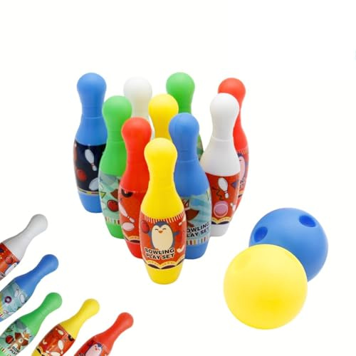 AMATOYS - Juego de Bolos Infantil – Set de Bowling con 10 Bolos y 2 Pelotas – Regalo para Niños de 2 a 5 Años – Juguete Educativo – Juguete Pequeño (Dibujos)