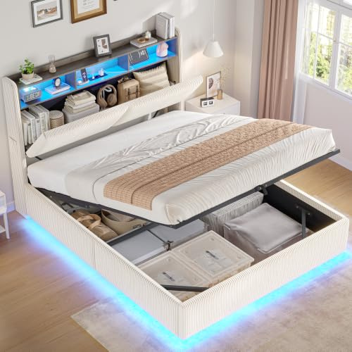AOGLLATI Lit Coffre 140x190 avec LED RVB à 360° et Multiprise, Lit 2 Personnes Hydraulique avec 2 Étagères, Compartiment Fermé et 30 cm Espace sous Sommier 140x190, Lit Double en Velours Côtelé Beige