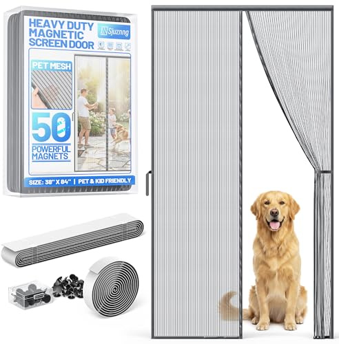 Heavy Duty Magnetic Screen Door Mesh - Auto-Sealing Hand-Free Door Net Screen with 50 Magnets, Pet & Kid Friendly, PET Fine Mesh Doors Screens Keep Bugs & Mosquitos Out Fits Front Doors Size 36” x 82”