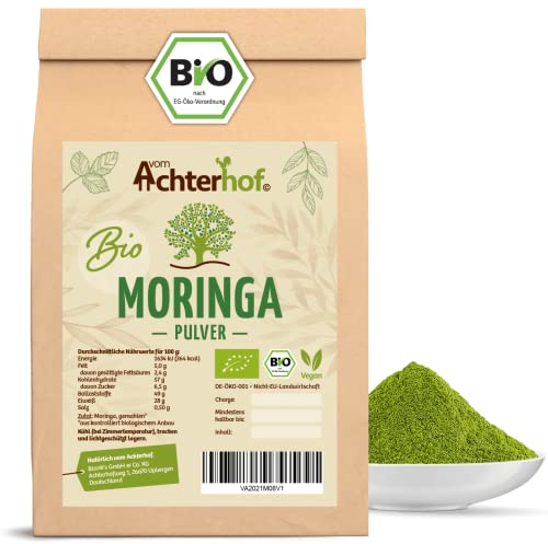 Moringa Pulver Bio 250g | aromatisch, angenehmer, leicht scharfer Geschmack | 100% echtes Moringa Oleifera Blattpulver | aus kontrolliert biologischen Anbau | vom Achterhof