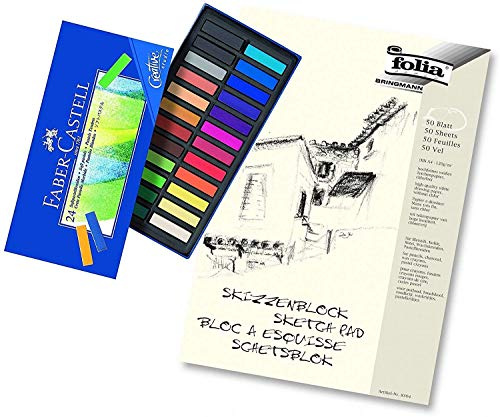 Faber-Castell Creative Studio, 24 gessetti morbidi in pastello, con blocco da disegno, formato A4