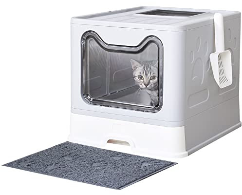 Medario Cat Litter Box with Litter Mat and Scoop, Large Covered Litter Box with Lid, Enclosed Kitty Box, Front Entry Top Exit, Odor Control, Easy to Clean (Grey)