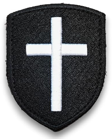 Ecusson Patch Blason Croix Chrétienne Blanche sur fond noir brodé avec dos scratch et support à coudre Offert - Taille 8x6,4CM