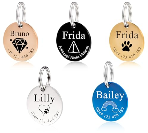 Hundemarke mit Gravur - Edelstahl-Hunde-Anhänger mit Name, Telefonnummer - Rund Hundemarke personalisiert mit Symbolen Dog Tag Namensschild für Halsband