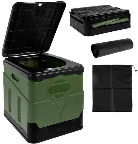 Foldable Camping Toilet, Portable Travel Toilet for Adult Large Lightweight Collapsible Compost Mobile Toilet with Toilet Bags Waterproof Outdoor Potty for Car Camping Caravan Hiking (Army Green)