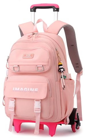 IvyH Trolley Schulrucksack für Mädchen Jungen - Wasserdichter Rucksack mit Rollen für für Kinder und Teenager im Alter von 7-14 Jahren, 30L, Abnehmbar, Rosa