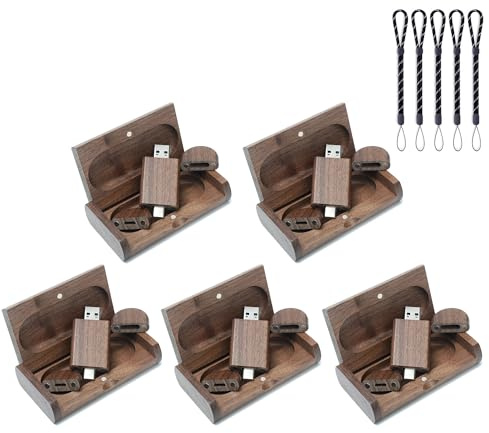 Meiyuexiang 5 unidades de memoria USB C de 64 GB, unidad flash USB C USB 3.0 Stick de alta velocidad tipo C USB C Drive Dual OTG Pen Drive caja de madera de nogal para TV, coche, smartphones, PC,