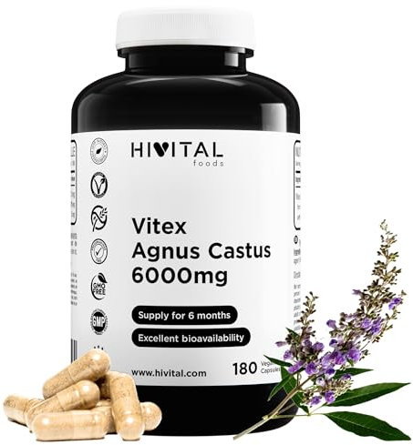Vitex Agnus Castus Chasteberry 6000 mg. 180 capsule vegane per 6 mesi di trattamento. Estratto concentrato 15:1 con Vitexina allo 0,5%, che fornisce 6000 mg. Prodotto in Europa da HIVITAL