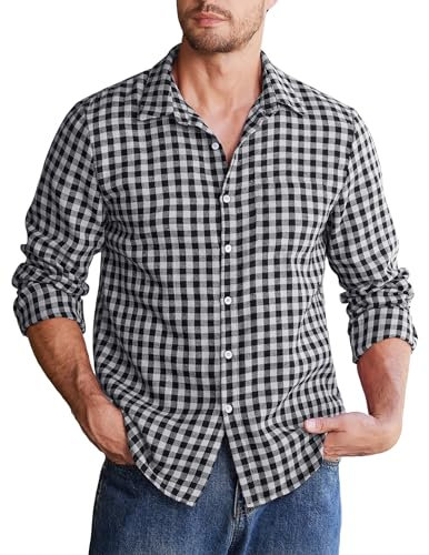 COOFANDY Herren Kariertes Hemd Casual Flanell Lange Ärmel Karo Hemden Männer Regular Fit Freizeithemd Button Down Shirt Schwarz-Weiß L