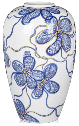 Blue and White Ceramic Vase for Home Decor – Hand-Painted Porcelain Flower Vase with Gold Accents – Chinoiserie-Inspired Home Decor Vase – 11 for Table, Shelf, or Mantel