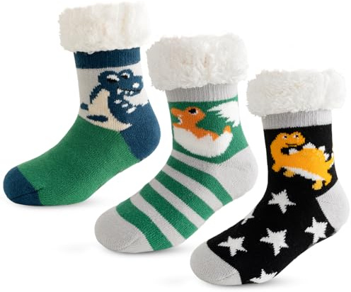 Vihir Chaussettes Chaussons Enfants, Chaussette Pantoufle Enfant, Chaussettes Épais Antidérapantes Garçons Filles, Chaussette de Noël Pour Enfant Chaude Moelleuses Trois paires