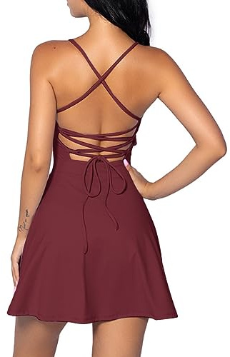 OBEEII Robe de tennis pour femme avec soutien-gorge intégré et poche short, sans manches, robe de sport, de fitness, de sport, de tennis, Bordeaux, M