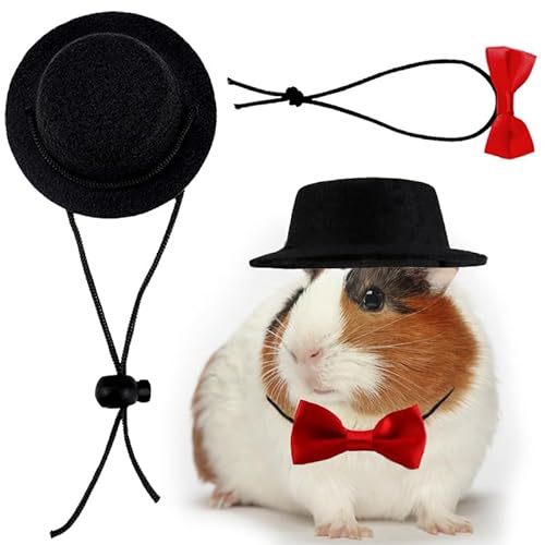 CQJ Costume 2 pièces pour Petit Animal – Chapeau Mignon et nœud Papillon pour Hamster, Cochon d'Inde et Lapin – Bonnet Noir + nœud Papillon Rouge