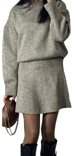 CupitiDU Autunno Nuovo Tinta Unita Casual College Style Knit Dress Set, 2024 Manica Lunga Crop Top Maglia Mini Gonne Vestiti, Maglione 2 Pezzi, Casual Maglia Sciolta Mini Gonna Lounge, Grigio