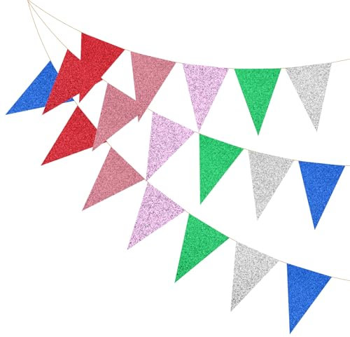 PATIKIL Banderines De 16.5 Pies, 2Pcs Banderas Triangulares De Papel Guirnalda Banderines Vintage Cadena De Banderines Para Decoración De Bodas Cumpleaños Carnaval Fiestas, Rojo/Oro Rosa
