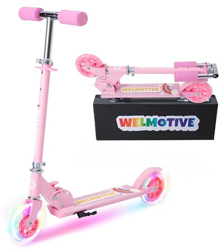 Kick Scooter for 3+Years Old Boys & Girls Lightweight, Foldable, Aluminum Frame, and Adjustable Handlebars, Rear Brake, and Flashing Light up Wheels (Pink)