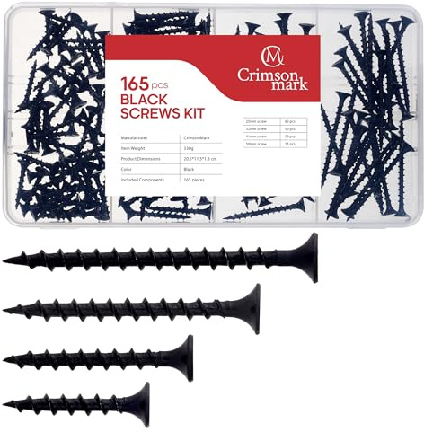 CrimsonMark 165pcs Drywall Screws Kit #6 Black Wood Screws for Sheetrock, Picture Hanging Nails, Wall Anchors, Home Improvement Tools Assortment 1, 1-1/4, 1-5/8, 2