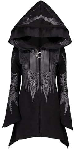 Generisch Sudadera con capucha larga negra para mujer, estilo punk, punk, gótico, con estampado, chaqueta de entretiempo para mujer, talla 50