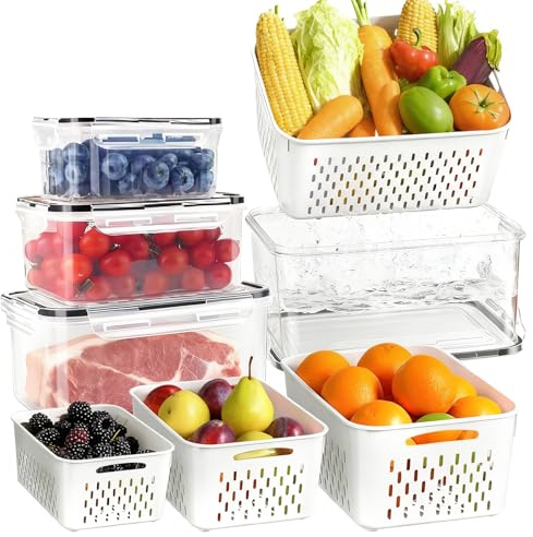 Nakelulu Set of 7 Fruit Vegetable Storage Containers, Vegetable Crisper Boxes for Fridge with Airtight Lids, Removable Colander for Home/Kitchen Storage Organisers