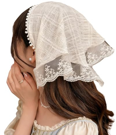 Pewosrid Hair White Bandanas, Chic Lace Triangle Head Scarf for Women Girls Hair, Vintage Stylish Kerchief Bandana Headband (1 Pc-Headscarf White)