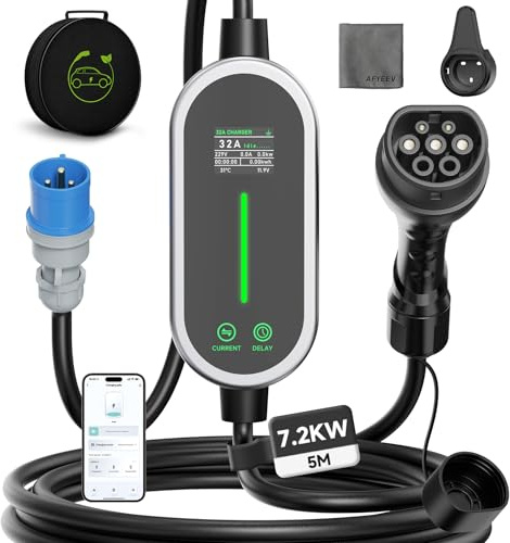 Elektrisk billaddare 7,2 kW, 6-32 A 5 m elektrisk billaddare, billaddare, LED-skärm med väska, bärbar Wallbox för EV och PHEV, IEC 62196-2, IP65