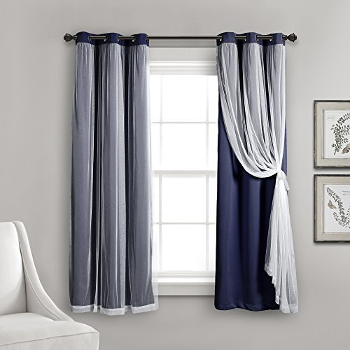 Lush Decor Sheer Grommet Curtains Panel with Insulated Blackout Lining, Room Darkening Window Curtain Set (Pair), 38 W x 63 L, Navy