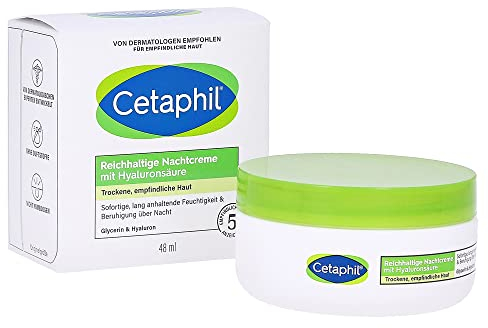 CETAPHIL Reichhaltige Nachtcreme mit Hyaluronsäure, Glycerin, Vitamin E & Mandelöl, 48g, Für trockene, Empfindliche Haut im Gesicht, Lang anhaltende Feuchtigkeit und Beruhigung über Nacht, Reisegröße