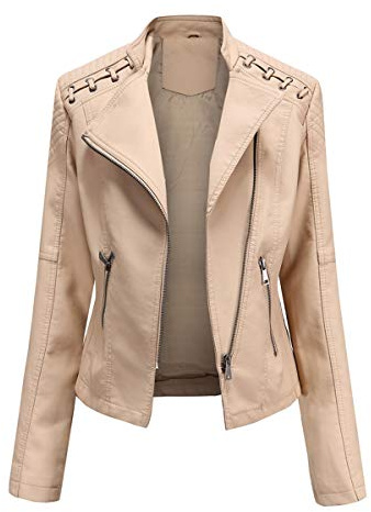 YYNUDA Skinnjacka dam kort bikerjacka reverskrage motorcykeljacka skinnjacka övergångsjacka för höstvinter, Beige, XL
