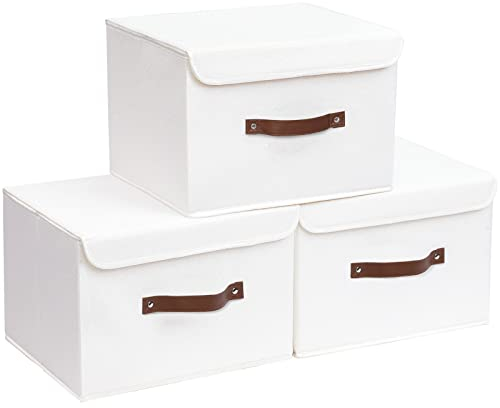 Yawinhe Collapsible Storage Box, Fabric Bin with Lids 3 Pack, Closet Baskets with Handle, for Organizing Clothes, 38x25x25cm, White, SNK018WL