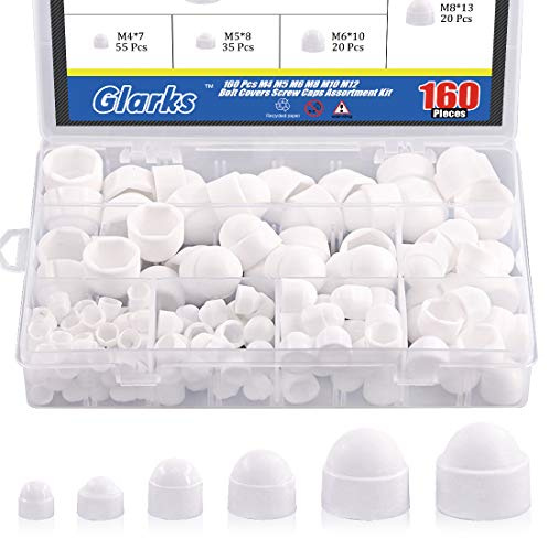 Glarks 160Pcs White Bolt Covers Screw Caps Assortment Kit, M4 M5 M6 M8 M10 M12 Nylon Acorn Dome Protection Caps for Protecting Hexagon Shaped Screws Bolts（White）