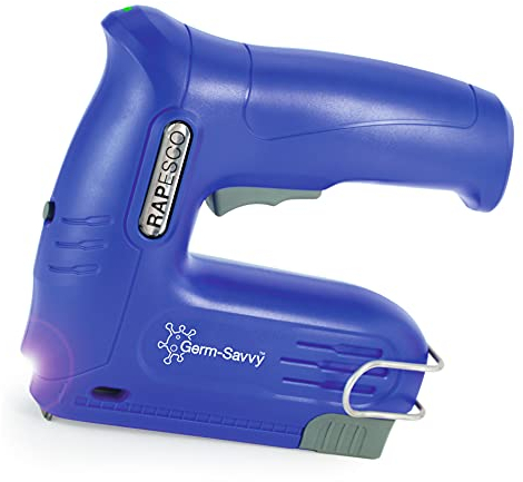 Rapesco 1634 Germ-Savvy Antibakteriell Kabellose elektrische Heft-/Nagelpistole T12-USB mit 4V Lithium-Ionen-Akku, Blau