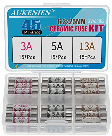 AUKENIEN Fuses Mixed Household UK 3 Values 45pcs 3A 5A 13A Fuse 3 5 13 Amp 6.3 x 25MM 0.248x0.984 Inch 240V 240 Volt BS1362 Ceramic Fuses Assortment Kit for Mains Plug